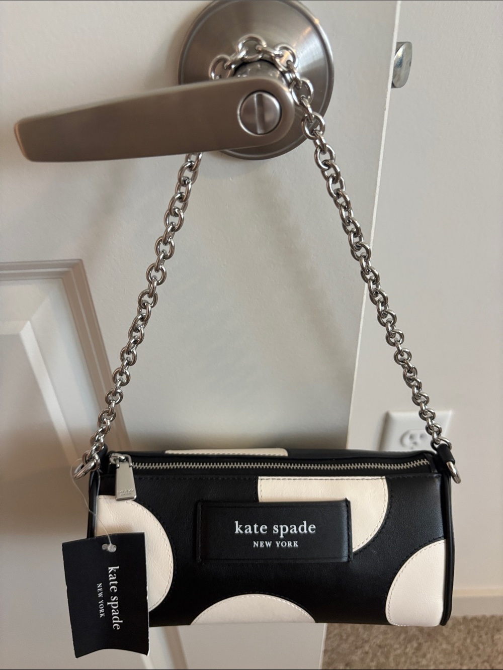 kate spade Black and White Polka Dot Chain Shoulder Purse with extra strap